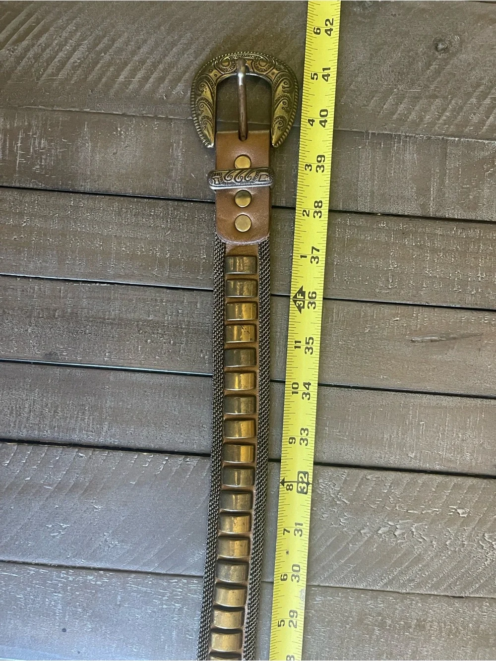 Vintage Brown Leather Women’s Belt with Decorative Gold Buckle 41”